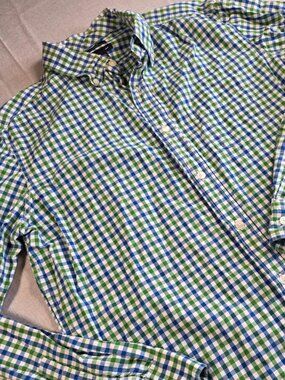 Mens GAP Slim Fit Green Blue White Check Button Down Dress Shirt (Large)